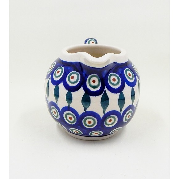 Zaklady Boleslaweic Polish Pottery Peacock Feather Bubble Creamer Pitcher Jug - Picture 2 of 10